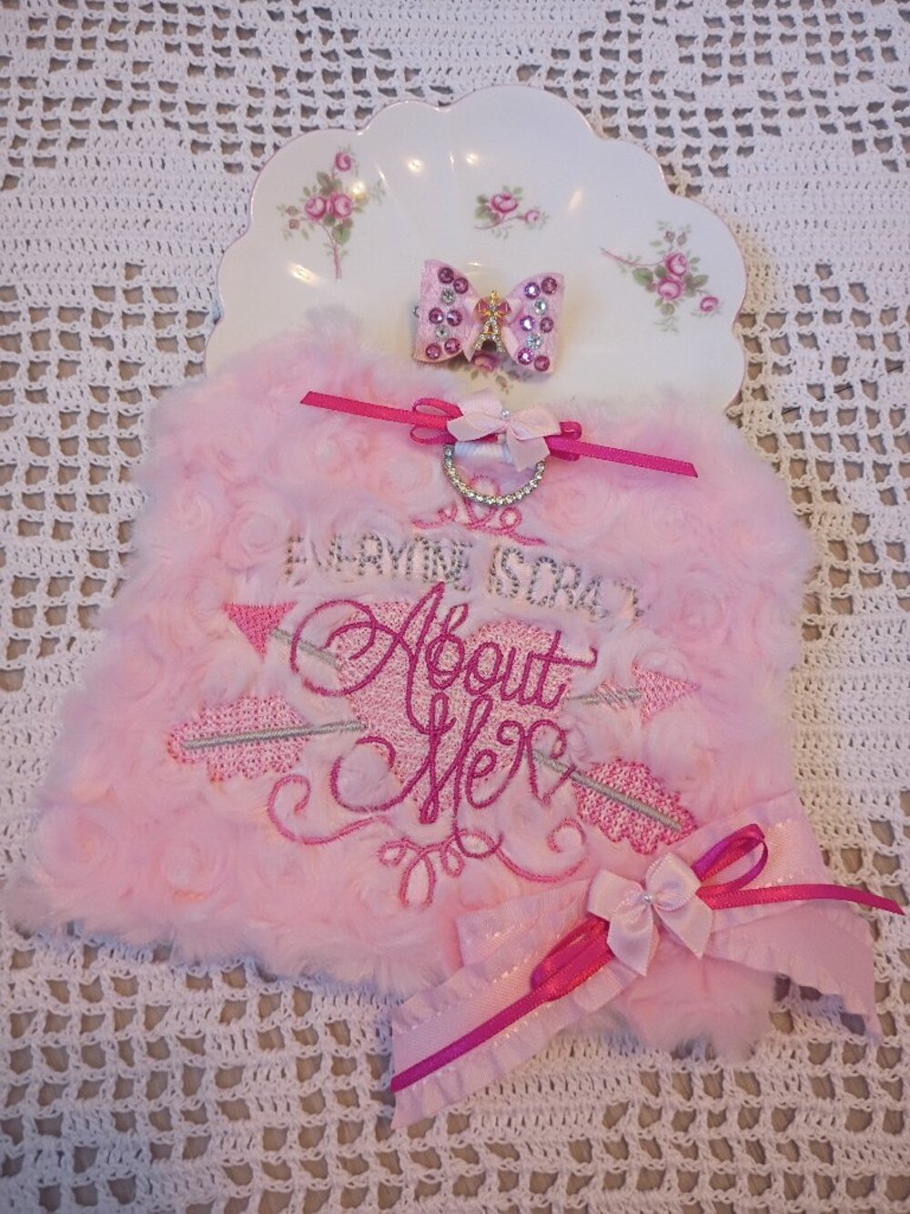 Embroidered Hand Made XS Dog Harness  - Plush Pink Rose Fur